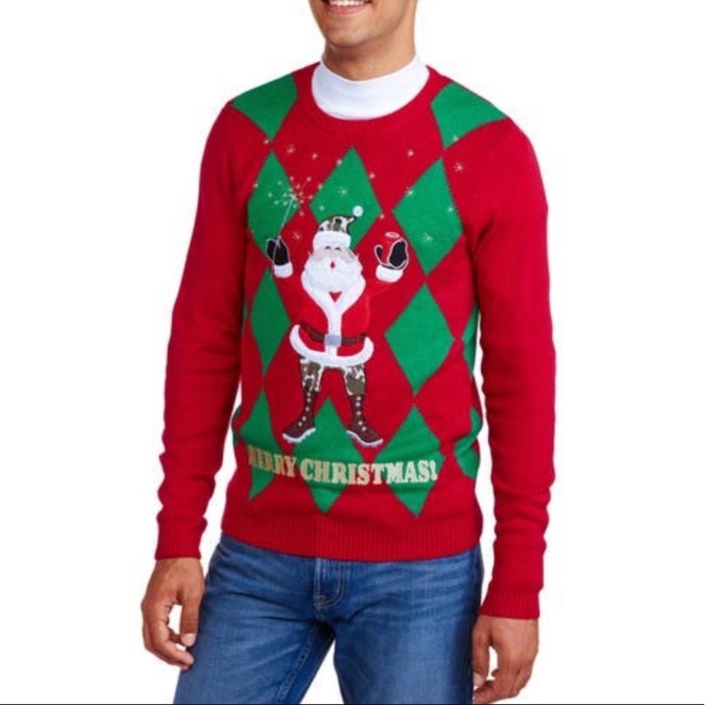 Jolly Sweater‎ Sz Large Santa Goes Wild Ugly Christmas Argyle Camouflage